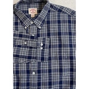 Brooks Brothers Red Fleece XL Linen Blend Blue/White Glen Check Plaid Oxford‎